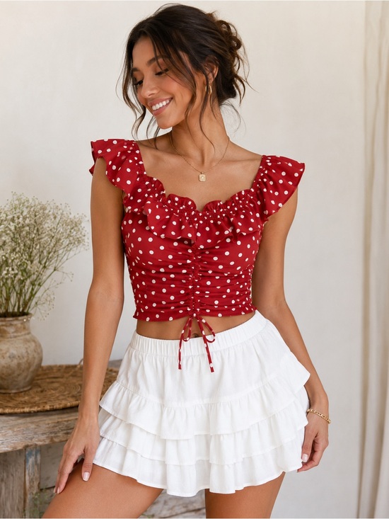 Caroline Studio Tops - Red Polka Dot Ruched Tie-Front Crop Top